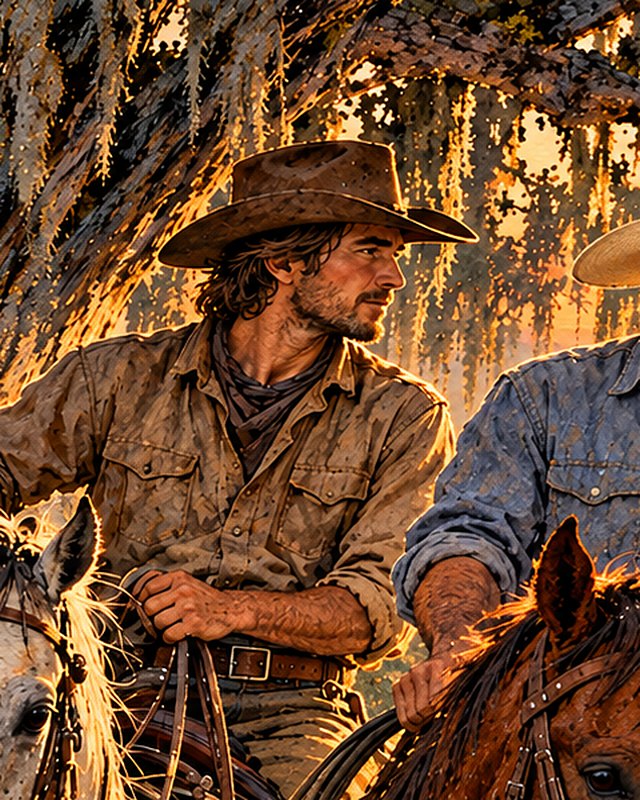 Painted portrait of Buck Sandlin on horseback under the live oaks.