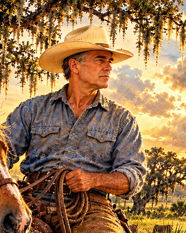 Painted portrait of Matthew ‘Math’ Albritton on horseback.