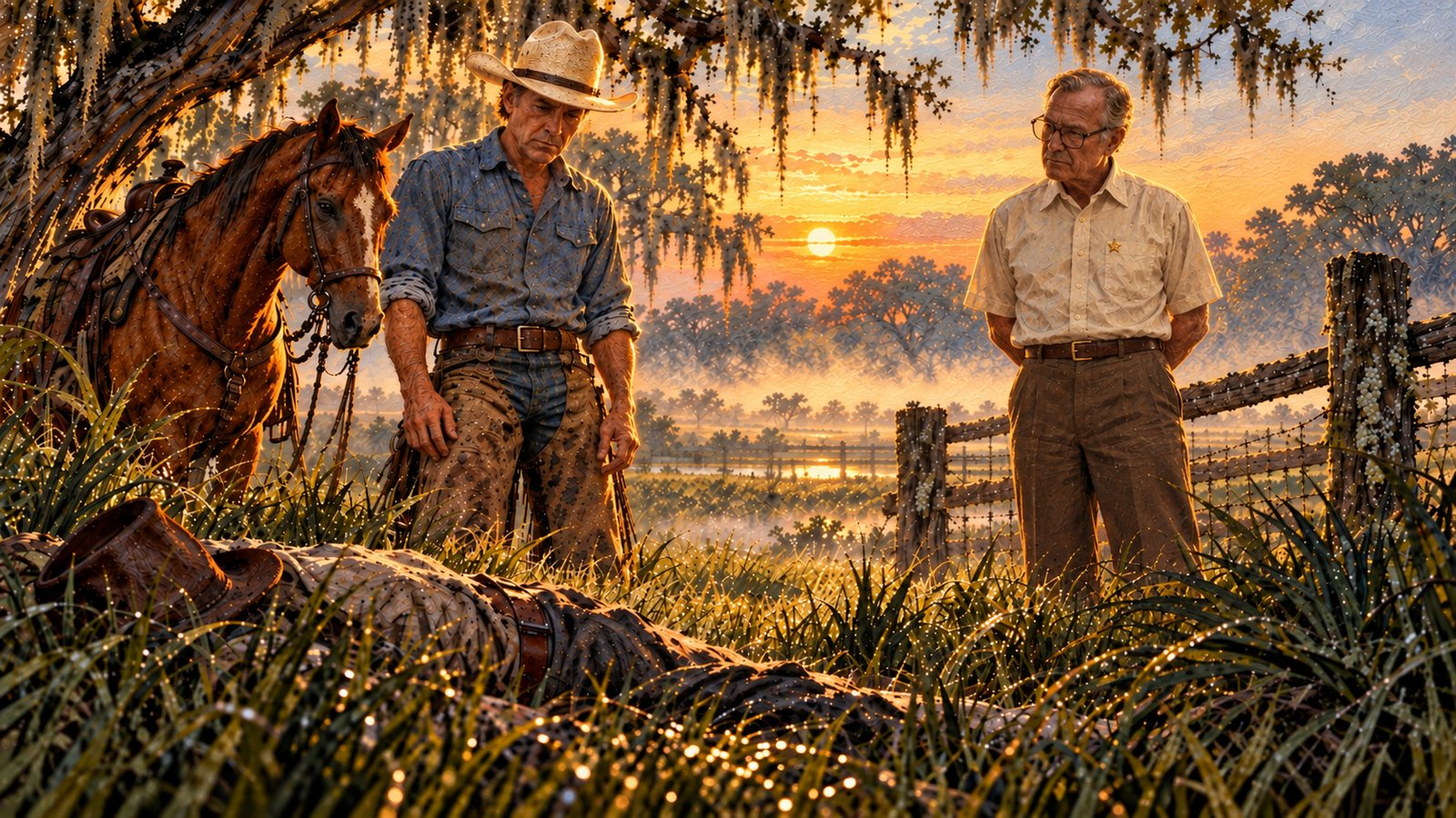 Math and Sheriff John Hartley stand over a body in the dew-wet palmetto at sunrise.