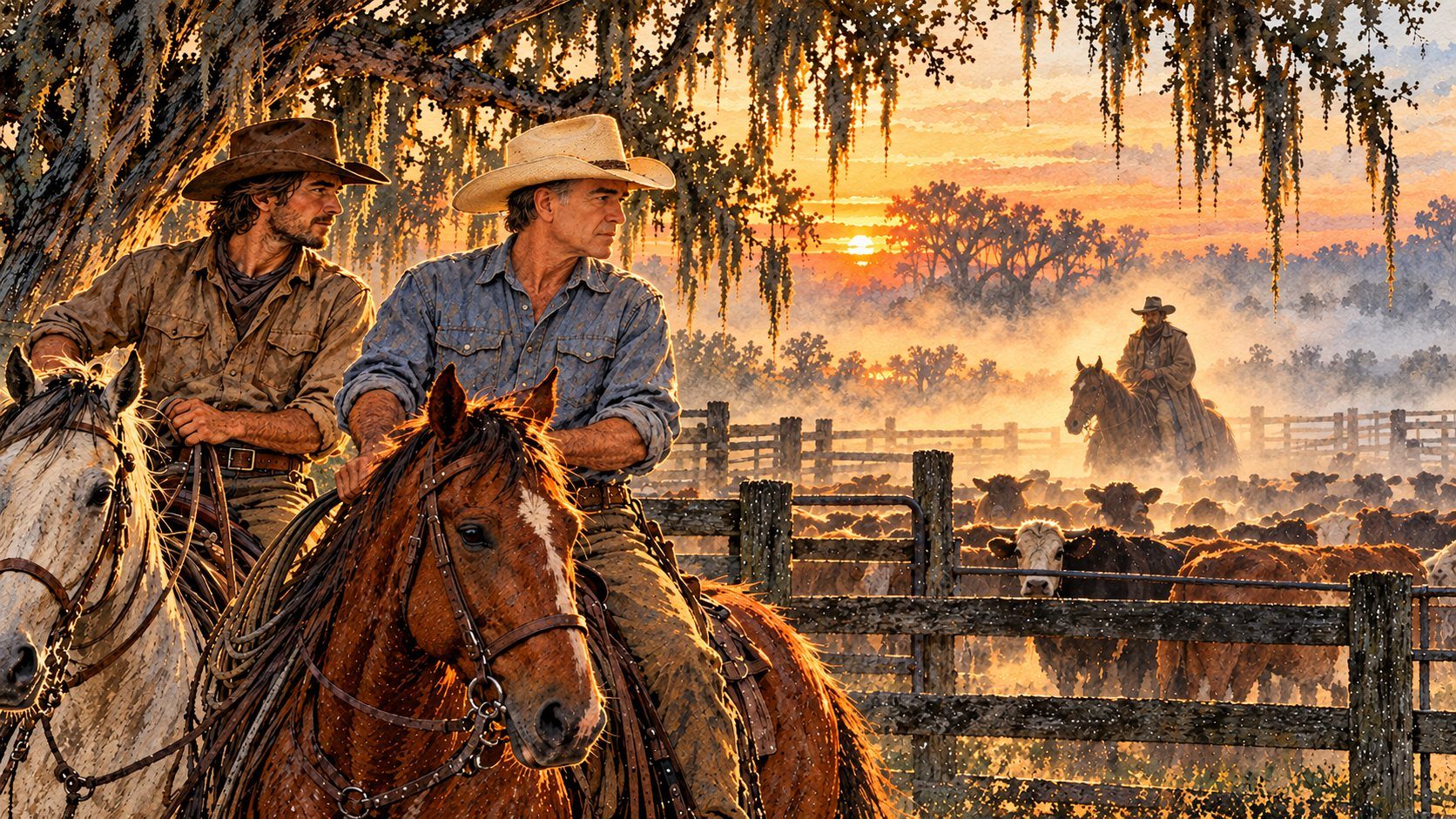 Buck Sandlin and Math on horseback at the cattle pens, a lone rider beyond the fence.